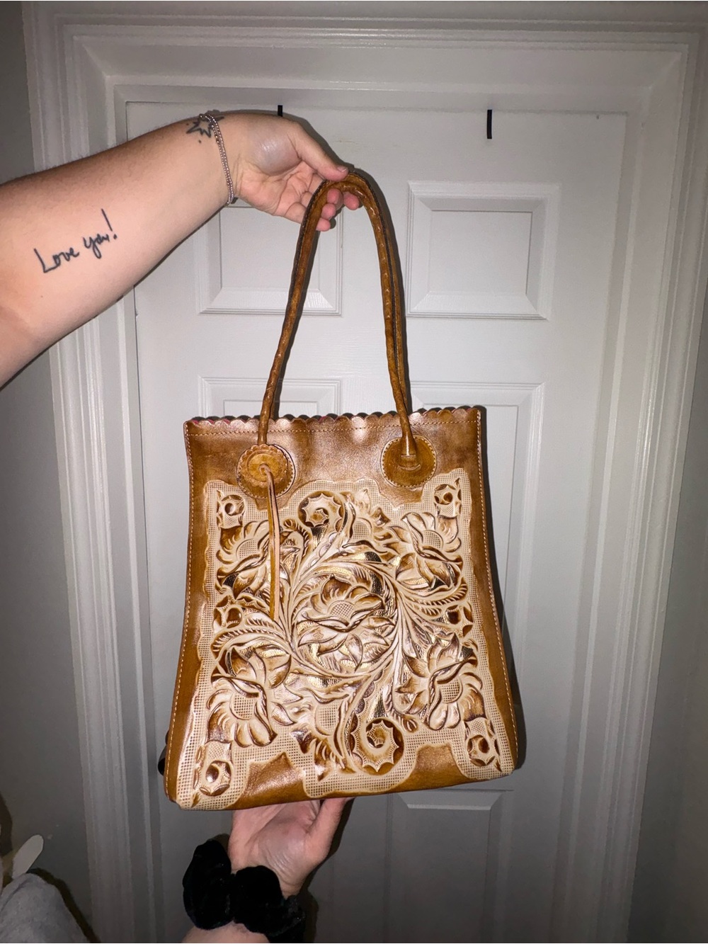 Patricia Nash Brown and Cream Tooled Leather Floral Tote